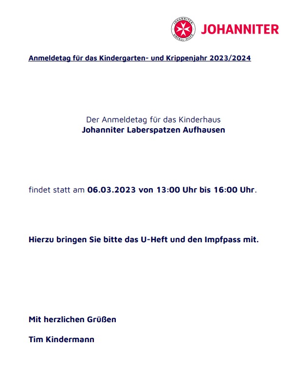 Anmeldung für das Kinderhaus Johanniter Laberspatzen Aufhausen
